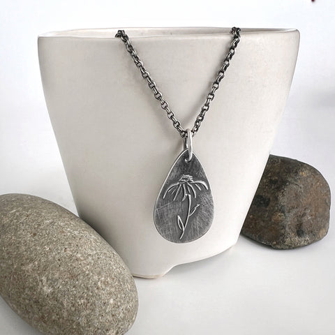 Silver Echinacea Teardrop Necklace